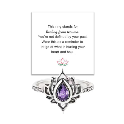 Decixde Lotus Ring for Women Lotus Flower Ring My Trauma Ring Lotus Promise Ring Zircon Inlaid Flower Ring Inspirational Ring Statement Floral Jewelry Gift (purple 7)