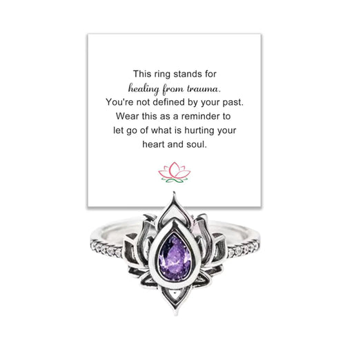 Decixde Lotus Ring for Women Lotus Flower Ring My Trauma Ring Lotus Promise Ring Zircon Inlaid Flower Ring Inspirational Ring Statement Floral Jewelry Gift (purple 7)