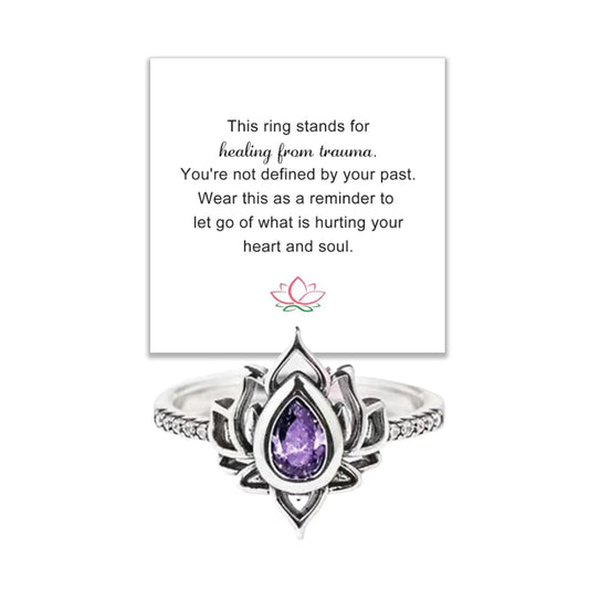 Decixde Lotus Ring for Women Lotus Flower Ring My Trauma Ring Lotus Promise Ring Zircon Inlaid Flower Ring Inspirational Ring Statement Floral Jewelry Gift (purple 7)