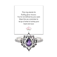 Decixde Lotus Ring for Women Lotus Flower Ring My Trauma Ring Lotus Promise Ring Zircon Inlaid Flower Ring Inspirational Ring Statement Floral Jewelry Gift (purple 7)